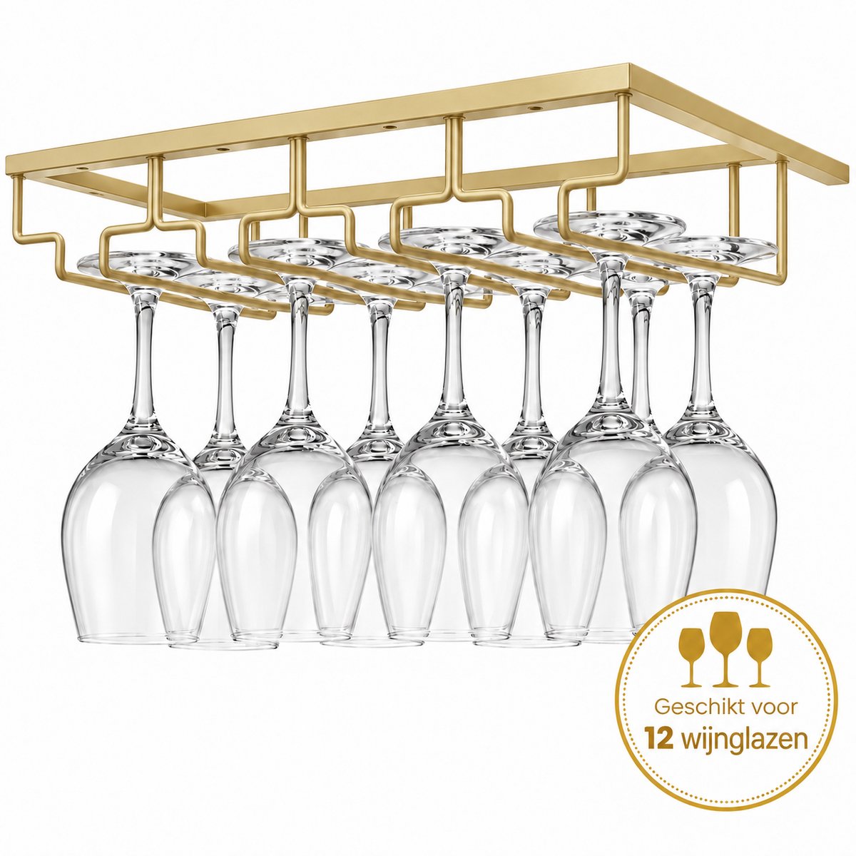 DIVERZA Wijnglazenrek - Wijnglazenhouder Goud – Ophangrek voor 12 Wijnglazen – Onder Kast of Plank – 40 × 22,5 × 6 cm