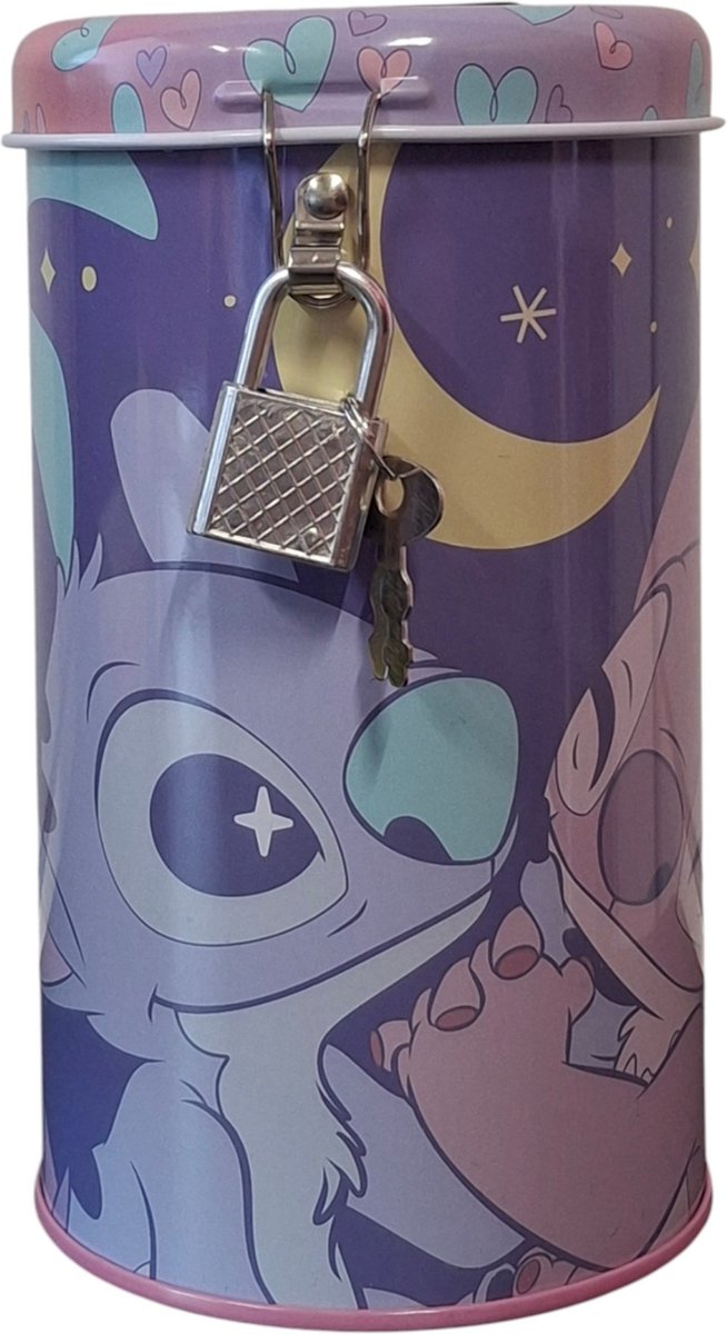 Spaarpot met slot voor kinderen cilindervormig – Disney Stitch & Angel Maanlicht Design