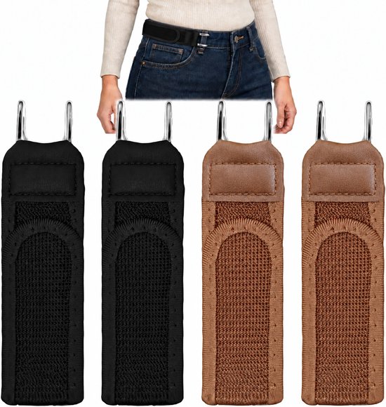 Set de 4 ceintures, 2 noires et 2 marrons, avec crochet métallique. Une femme porte une ceinture similaire autour de son jean.