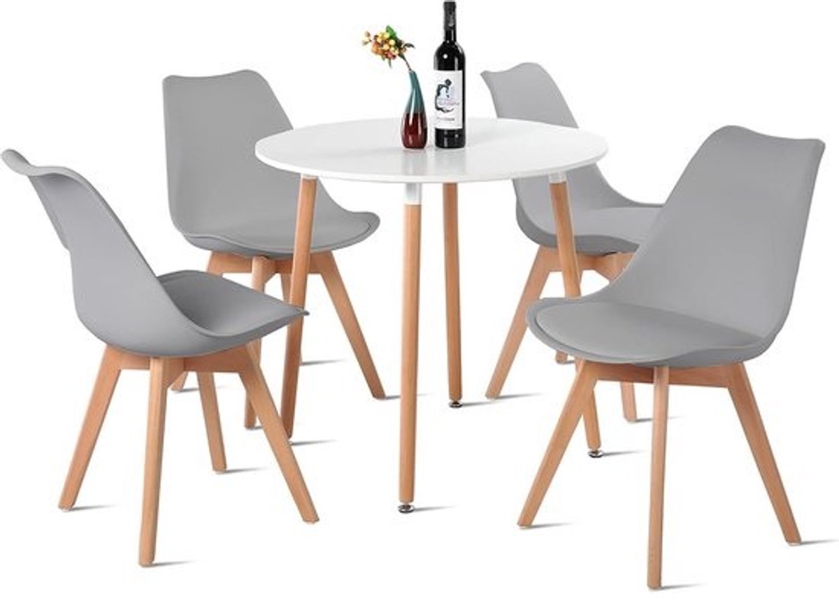 Ronde eethoek 80 cm met 4 stoelen - MDF-tafelblad en beukenhouten poten - grijs