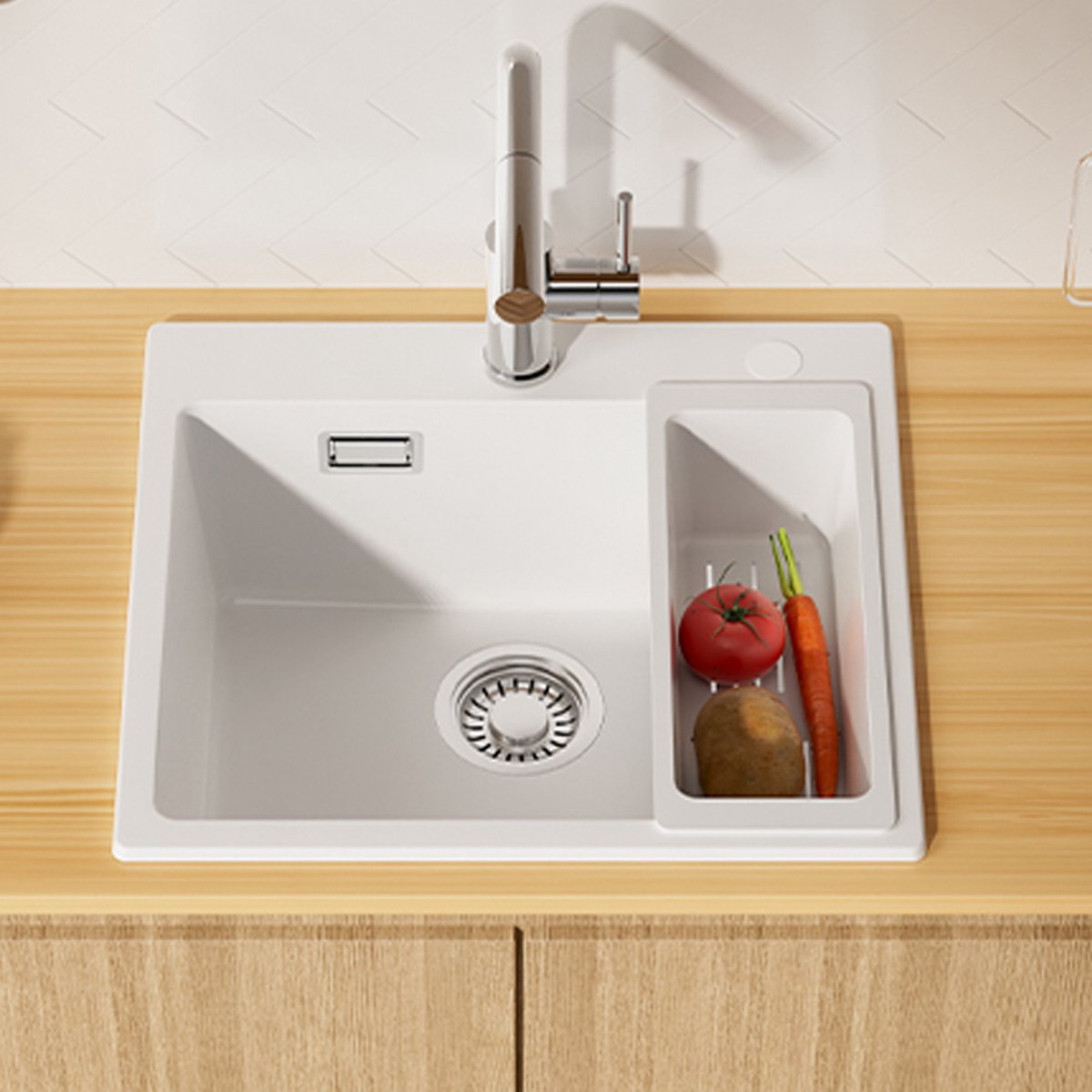 SOFETIY MAX 50x45 cm Spoelbak Keuken - Granieten Spoelbak - Luxe Spoelbak - Spoelbakken Met Afdruiprek - Wasbak Keuken Met Sifon - Wit