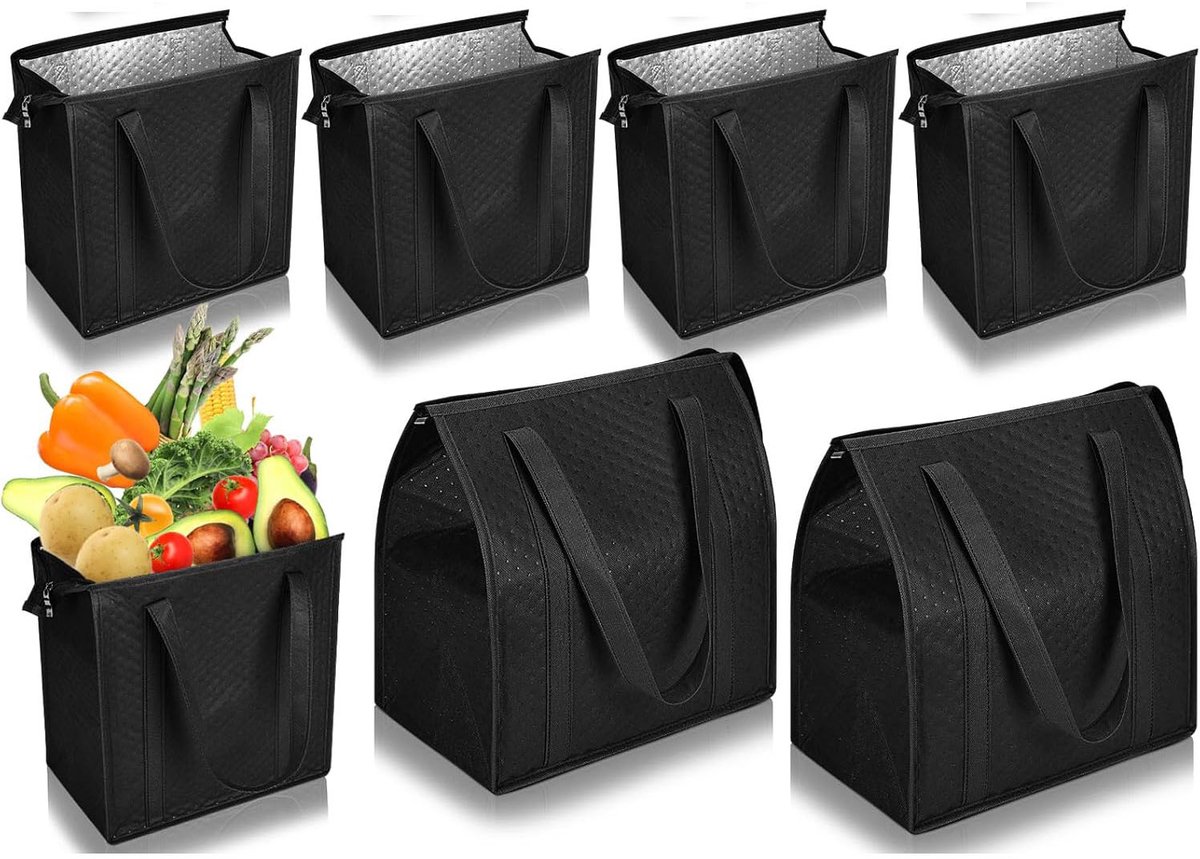 4-stuks Geïsoleerde boodschappentas - Geïsoleerde tas - Grote capaciteit - Handvatten - Boodschappentas met ritssluiting - 30x18x33cm - Aluminiumfolie-isolatie - Geschikt om te winkelen, isoleert tegen warmte en kou - Zwart