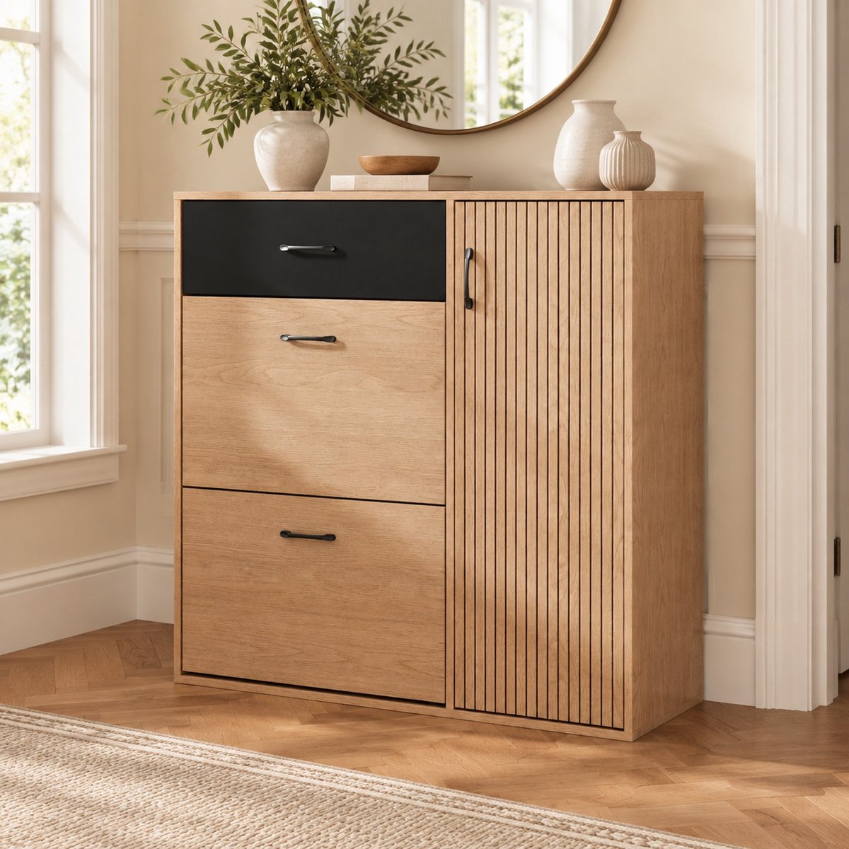 HAUSS SPOLE Schoenenkast Met Lade En Twee Kleppen - Smal Staand Model Voor Hal En Entree - MDF En Spaanplaat - 100x35x106 Cm - Naturel En Zwart Natuurhoutkleur