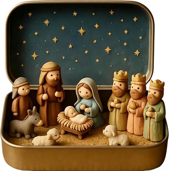 Mini Metalen Doos - Kerststal Scène - Feestelijke Decoratie - Handgemaakt Bethlehem - 13x8x3 cm - Geboorte