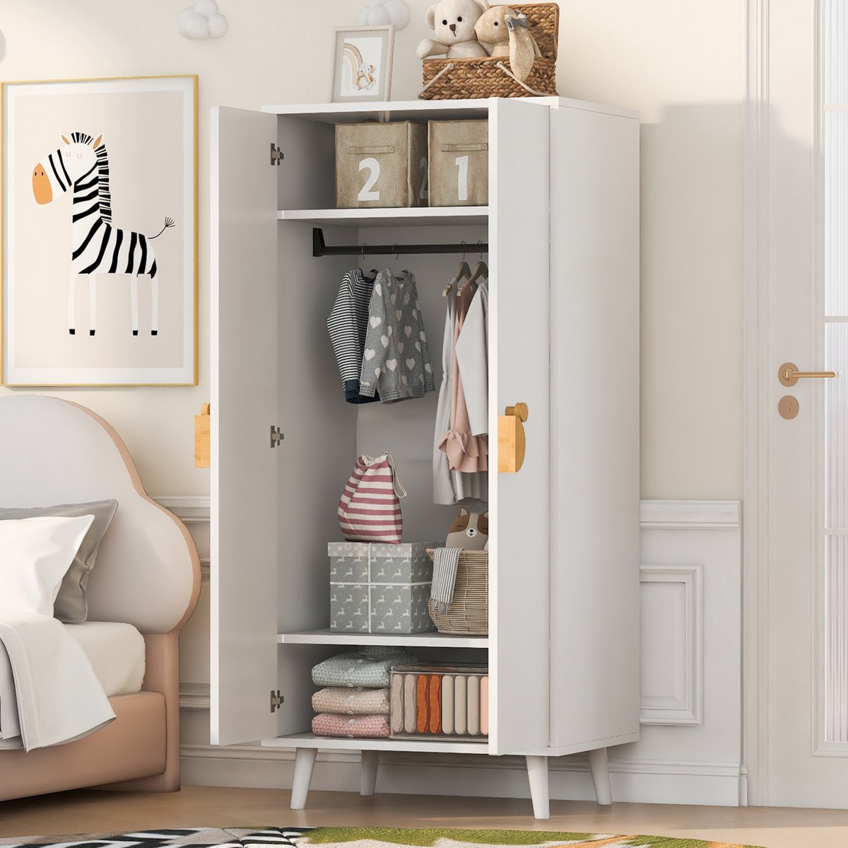 HAUSS SPOLE Kledingkast - Dubbele Deuren Met Hanggedeelte En Opbergruimte - Voor Slaapkamer - MDF En Metaal - 70 X 55 X 170 Cm - Wit