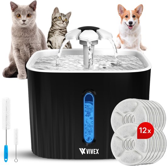 Fontaine à eau noire avec éclairage bleu, un chat gris, un chat tigré et un corgi. Incluant 12 filtres et brosses de nettoyage.