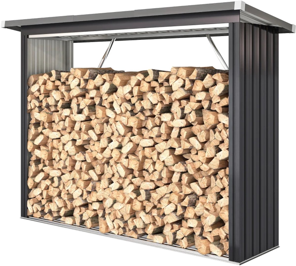 Haardaccessoires - Brandhoutschuur - Brandhoutschuilplaats - Staal - Verhoogde Vloer - Schuin Dak - 213 x 66,5 x 150 cm - Donkergrijs