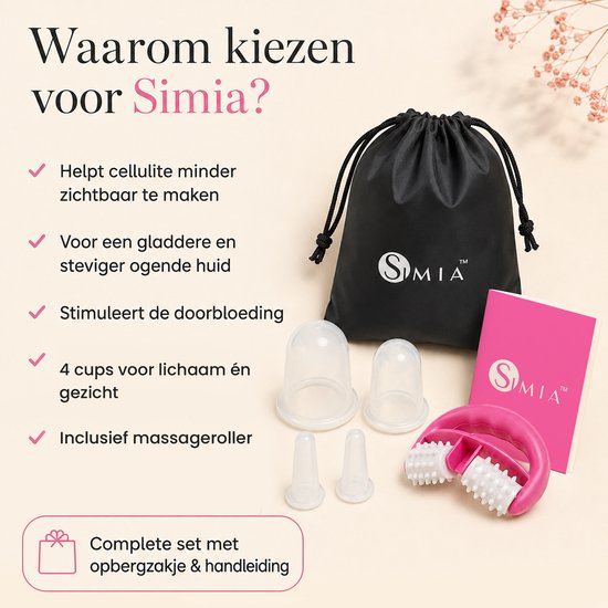 Waarom kiezen voor Simia? Helpt cellulite minder zichtbaar maken, voor een gladdere huid, stimuleert doorbloeding. 4 cups voor lichaam en gezicht. Inclusief massageroller. Complete set met opbergzakje & handleiding.