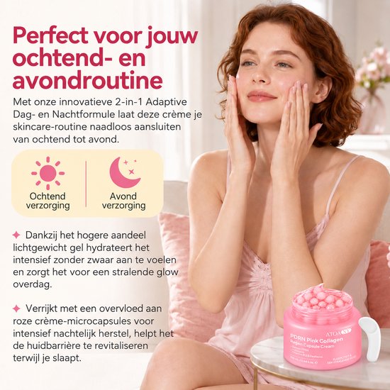 Een vrouw met een stralende huid die ATOANY PDRN Pink Collagen Regen Capsule Cream op haar gezicht aanbrengt. Geschikt voor ochtend- en avondroutine.