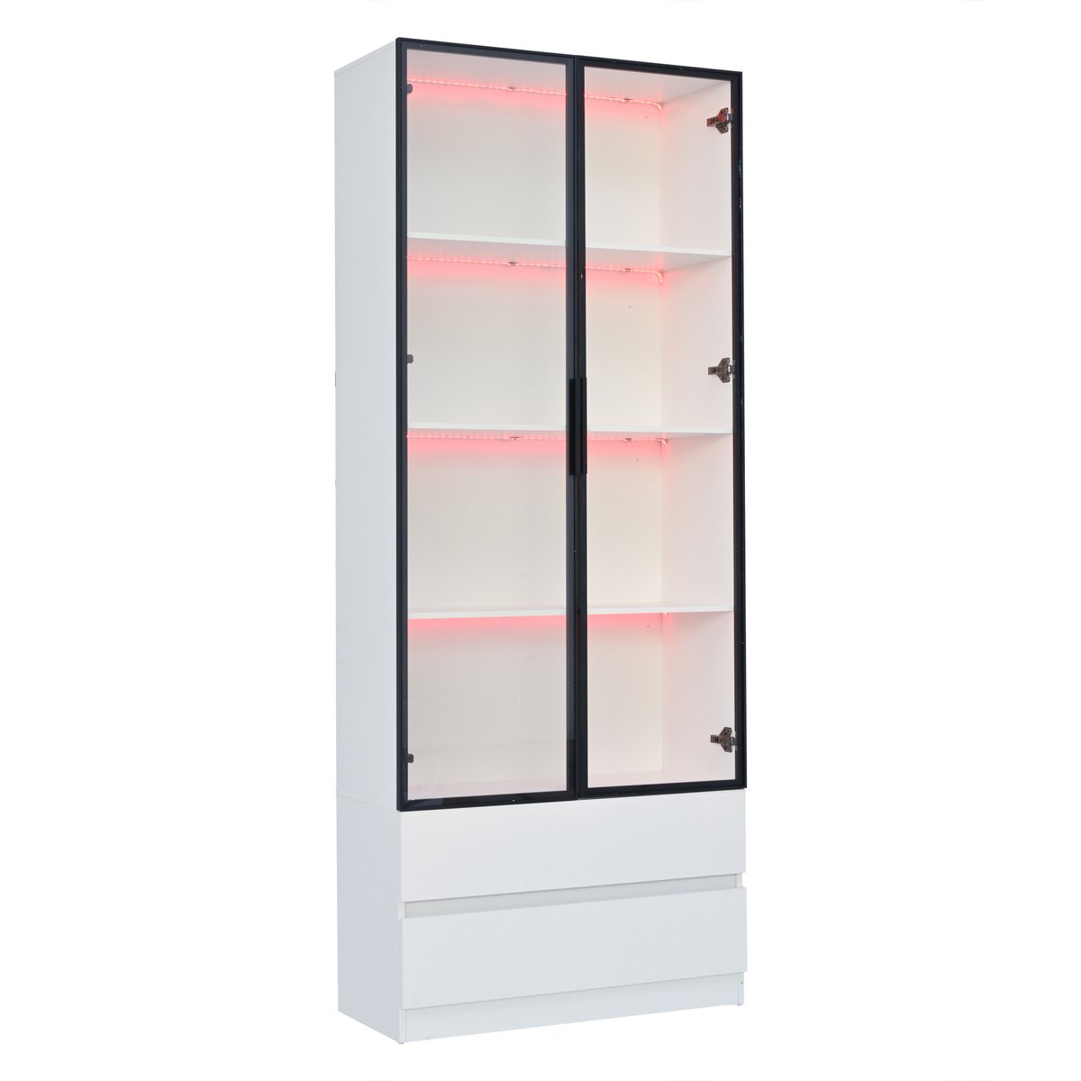 Vitrinekast Met Glazen Deuren - Hoge Kast Met LED-Verlichting - Twee Laden En Zes Opbergniveaus - Voor Woonkamer Of Werkkamer - Wit MDF