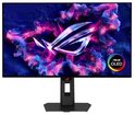 Monitor met paarse, roze en blauwe explosie en ROG logo. Sticker 'ASUS OLED' rechtsonder.