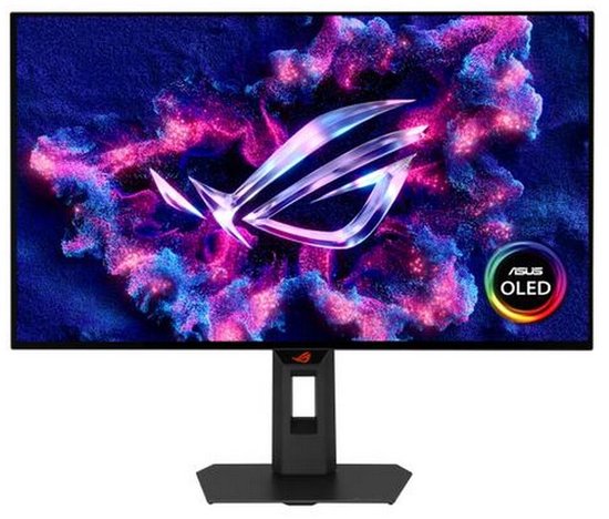 Monitor met paarse, roze en blauwe explosie en ROG logo. Sticker 'ASUS OLED' rechtsonder.