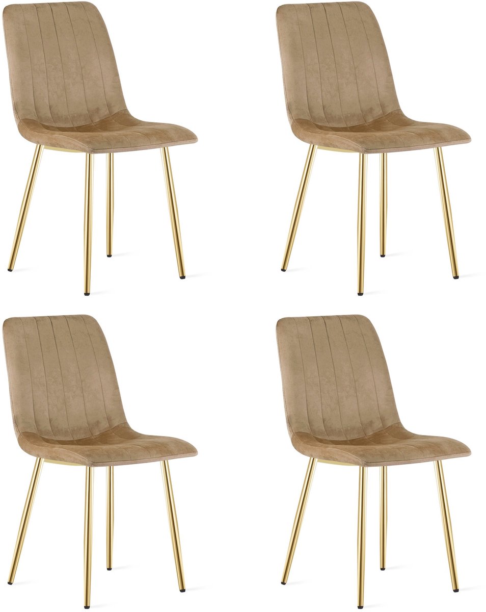 Set van 4 Eetkamerstoelen LAVA - Bruin met Gouden Poten – Velvet Gestoffeerde Design Stoelen – Comfortabele Stoelen voor Eetkamer, Keuken en Woonkamer - 110 kg