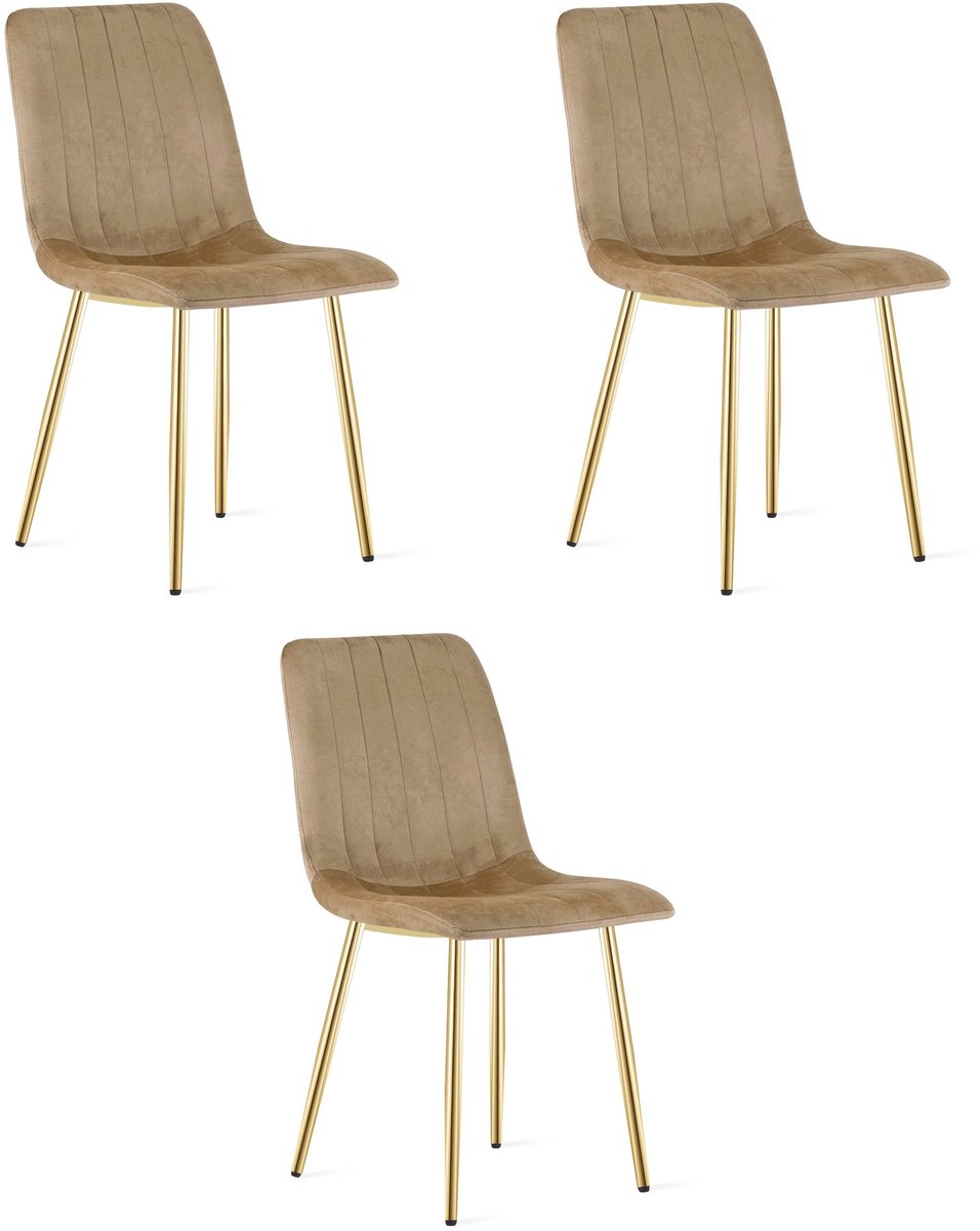 Set van 3 Eetkamerstoelen LAVA - Bruin met Gouden Poten – Velvet Gestoffeerde Design Stoelen – Comfortabele Stoelen voor Eetkamer, Keuken en Woonkamer - 110 kg