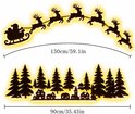 Gedetailleerde weergave van kerstdecoratie: 150cm boog met slee en rendieren, 90cm basis met dorpssilhouet en bomen.