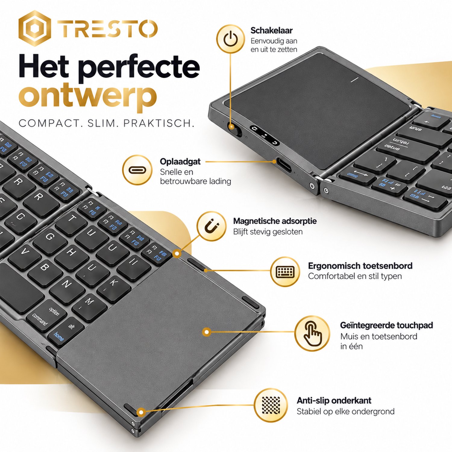 TRESTO - Opvouwbaar Toetsenbord - Groot Touchpad - Qwerty Toetsen - Oplaadbaar - Draadloos - Anti Slip Onderkant - Bluetooth - Foldable Keyboard - Donker Grijs thumbnail 5