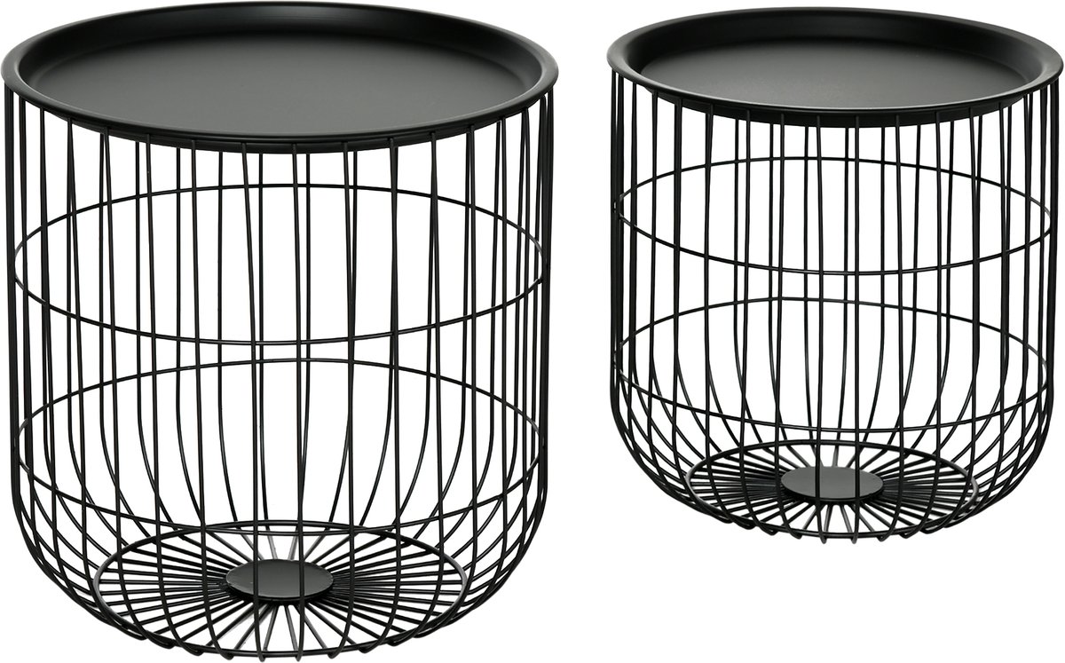 Homona Bijzettafel set van 2 - Met opbergruimte - Stapelbaar - Ø40 x 40 cm en Ø35 x 35 cm - Zwart
