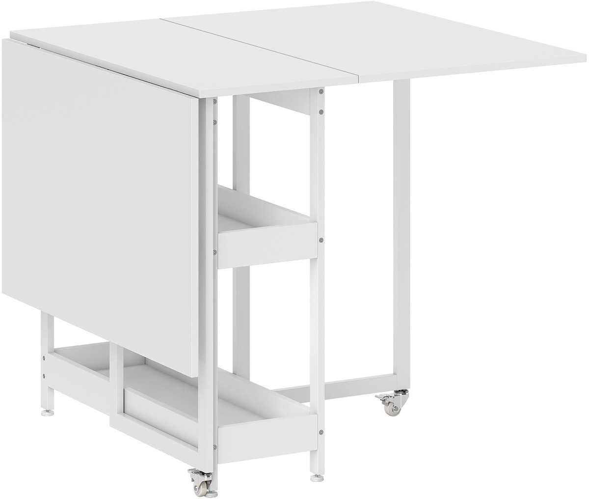 Homona Klapbare eettafel - Voor 4 personen - Met opbergvakken en wielen - 133,4 x 80 x 75 cm - Wit