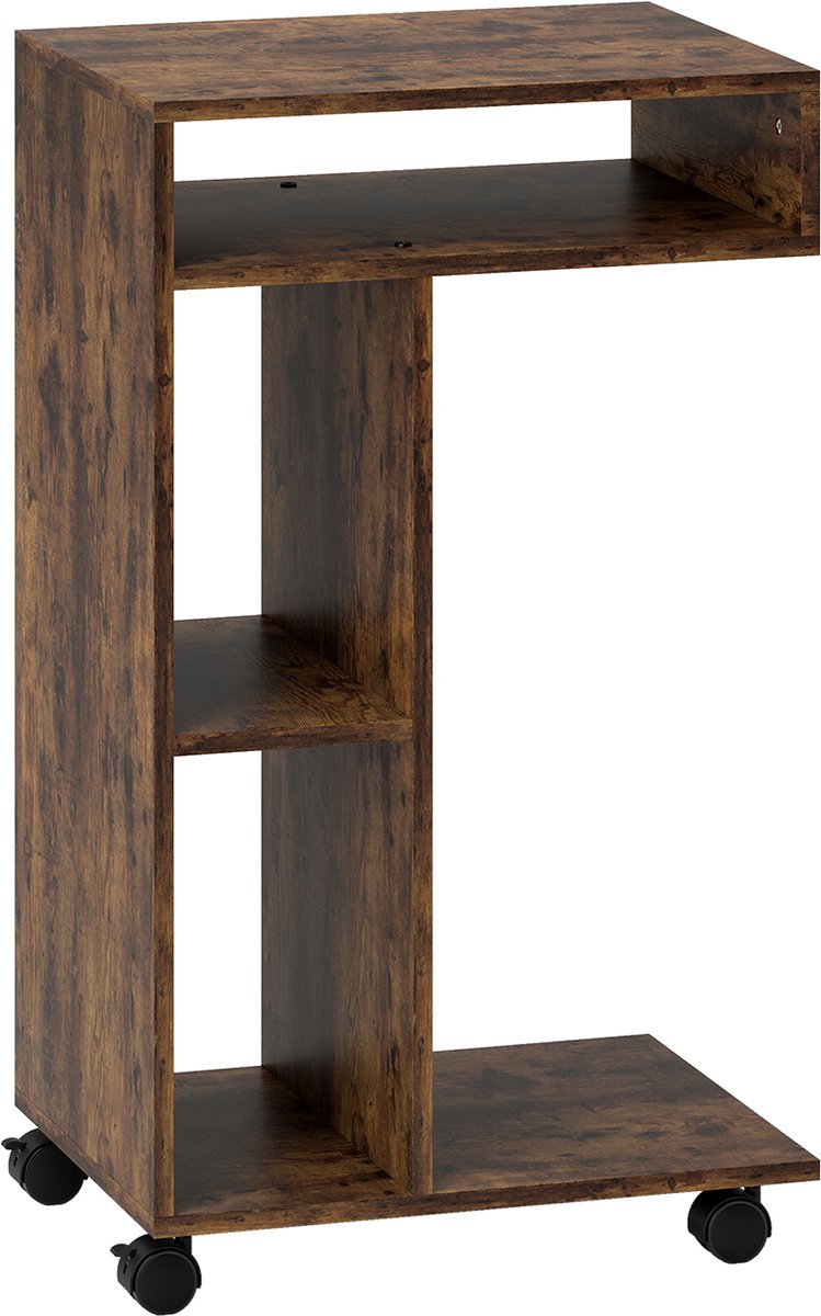 Homona Bijzettafel - C-vormige serveerwagen - Met 3 vakken en opbergplank - Met wielen en rem - 40 x 30 x 69 cm - Rustiek bruin