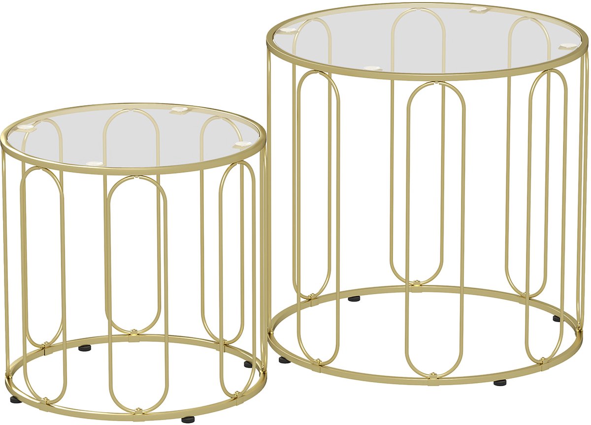 Homona Salontafelset - 2-delig met glazen blad en metalen frame - Ø50 x 50 cm en Ø40 x 40 cm - Goud