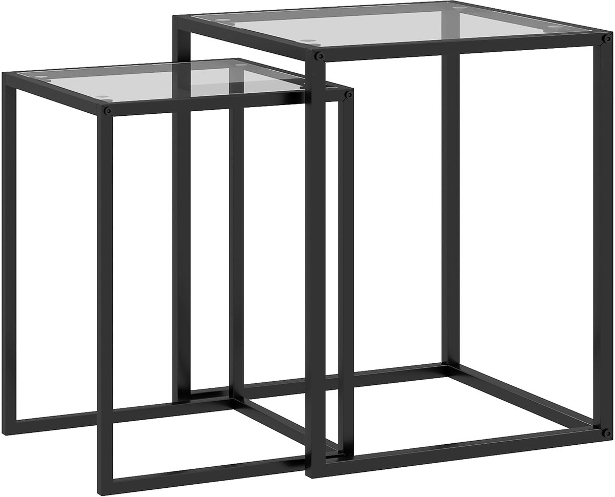 Homona Bijzettafelset - 2-delig - Stapelbaar - Met glazen blad en stalen frame - Groot: 42 x 42 x 51 cm - Klein: 33 x 33 x 45,5 cm - Zwart
