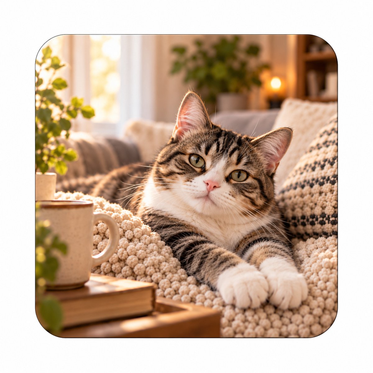 Katten MDF onderzetter 10 x 10 cm – Schattige Kat op de Bank – Vierkante onderzetter voor Kattenliefhebbers