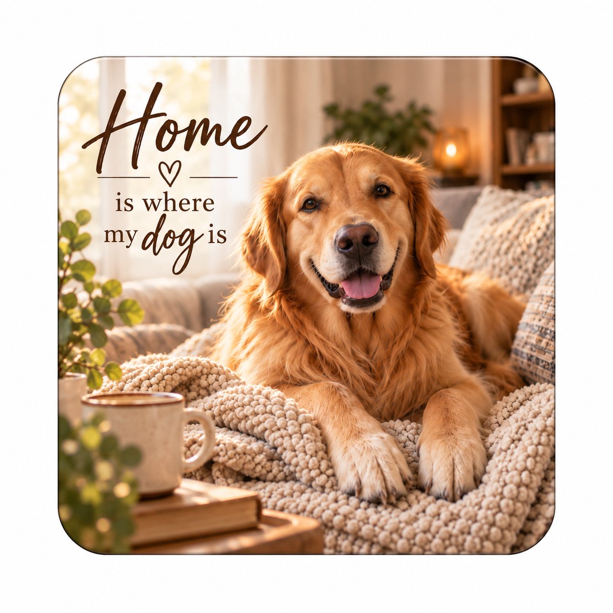 Honden MDF onderzetter 10 x 10 cm – Golden Retriever – Home Is Where My Dog Is