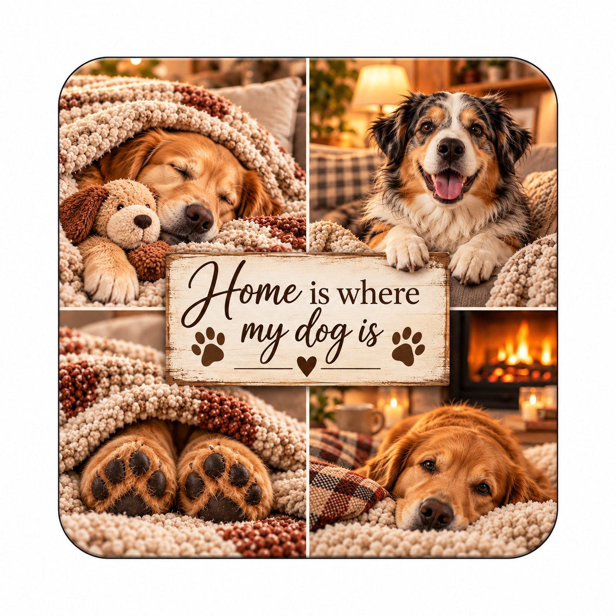 Honden MDF onderzetter 10 x 10 cm – Home Is Where My Dog Is – Cadeau voor Hondenliefhebbers