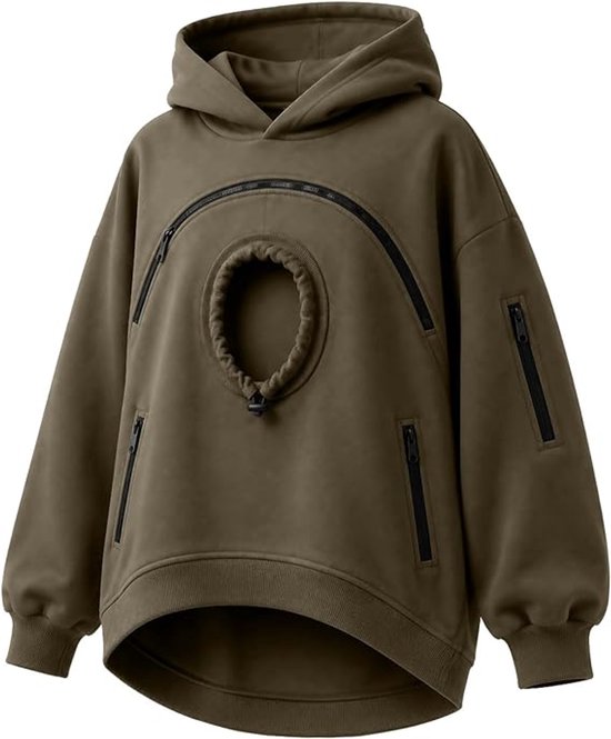 Legergroene hoodie met capuchon, met een ronde opening aan de voorkant met trekkoord, ritsdetails op de borst en mouwen, en een asymmetrische zoom.