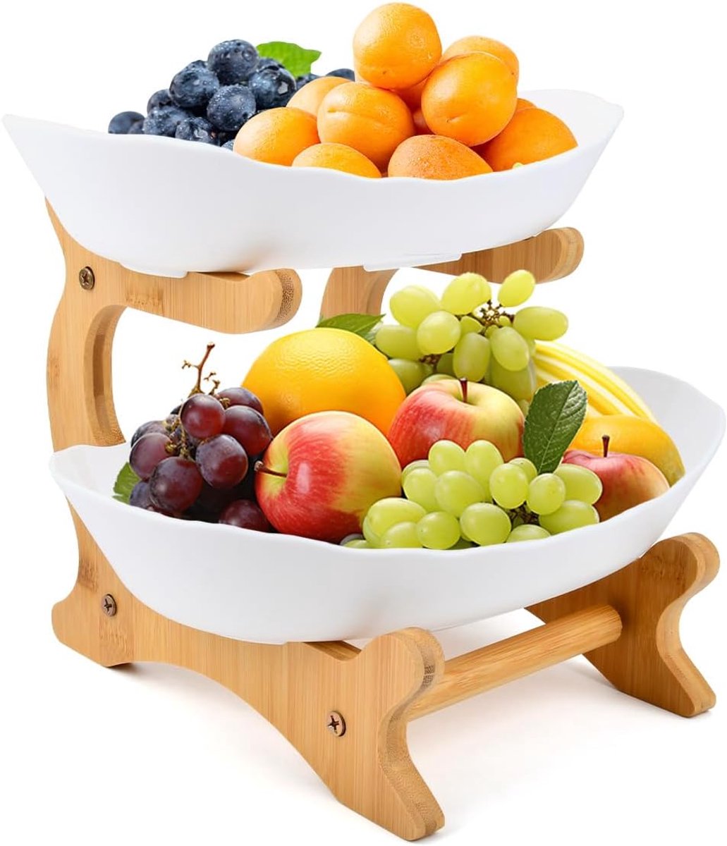 Natuurlijk Hout En Wit PP – Stapelbare Bamboe Fruitrek Met Trays – Eenvoudig Te Monteren En Veelzijdig – Aanrechtorganizer Voor Noten, Snacks, Groenten En Fruit