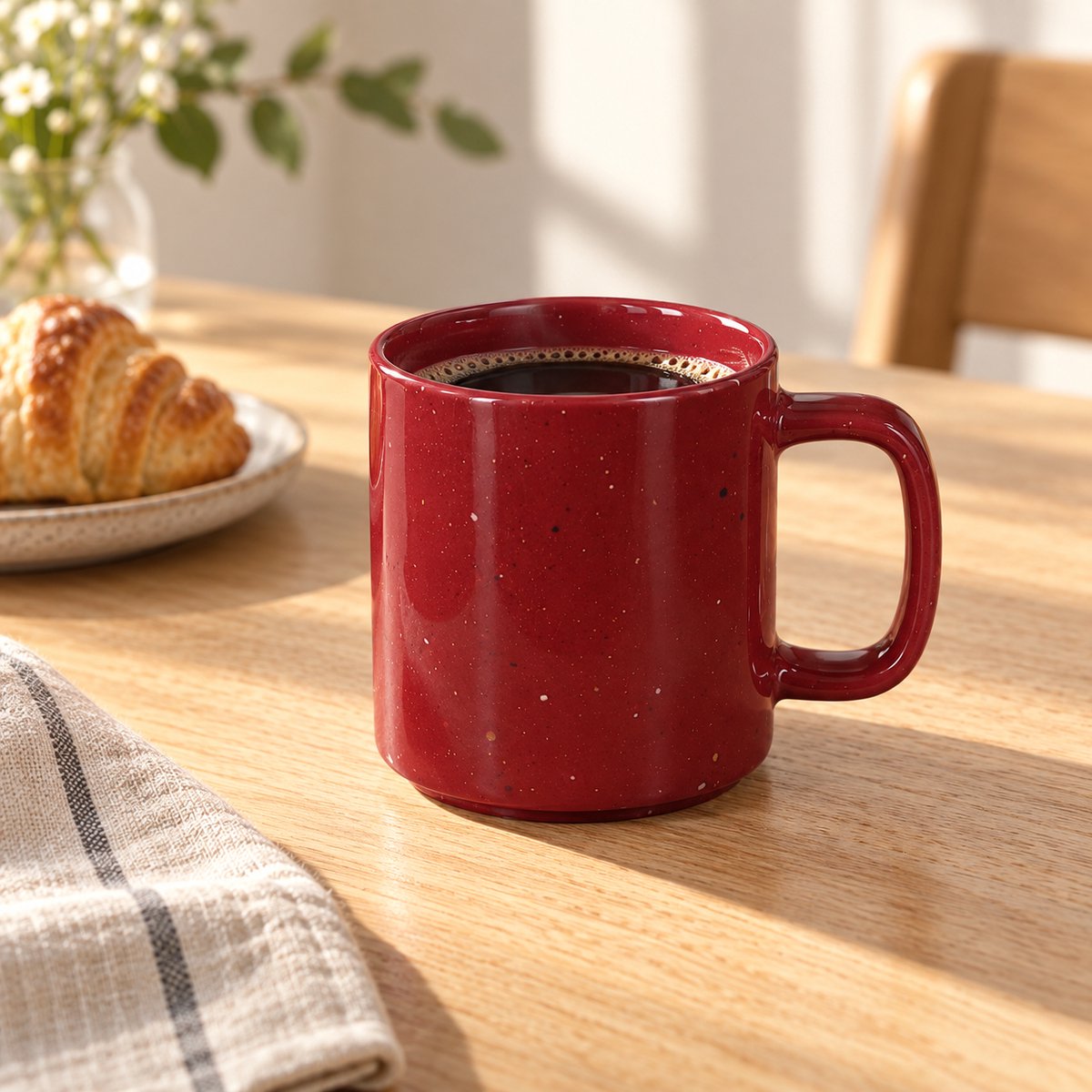 Fameilleur Donkerrode Koffiemok met Oor- Rode Theemok met Gespikkeld Glazuur – Glanzende Beker voor Koffie, Thee en Warme Chocolademelk –Ronde Mok–voor dagelijks gebruik, thuis, op kantoor en als cadeau–voor cappuccino, latte en espresso- koffie mok