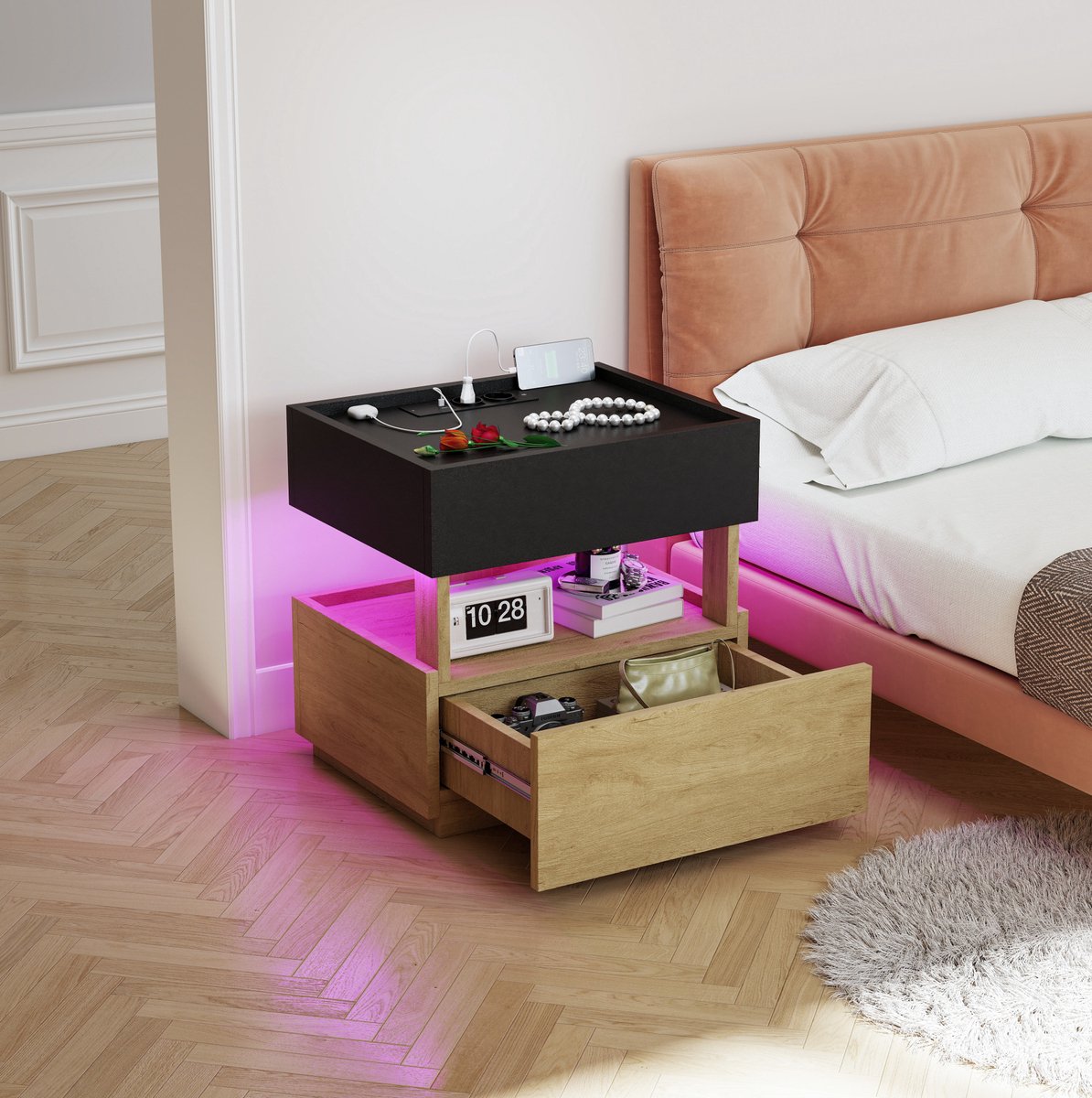 MODENUIT Bedtafel - Draadloos Laden Met Ledverlichting Met Usb - Voor Slaapkamer - Hout - 50x40x50 Cm - Zwart Naturel
