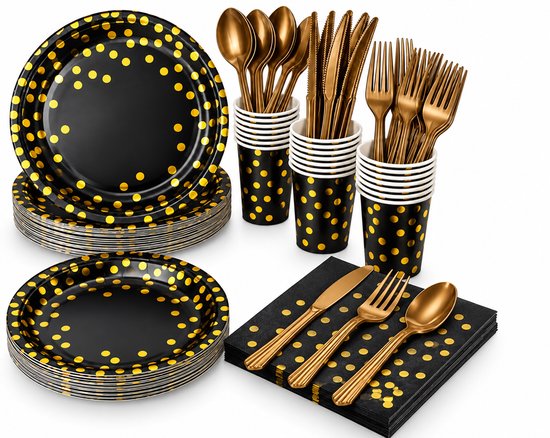 Feestservies set met zwarte borden en bekers met gouden stippen. Inclusief gouden bestek en servetten.