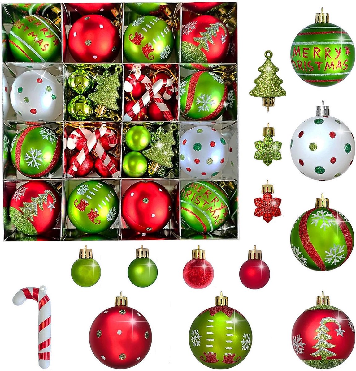 Kerstballen, 46 stuks kerstboomversieringen, rode en groene boomballen, plastic bal-elfenthema
