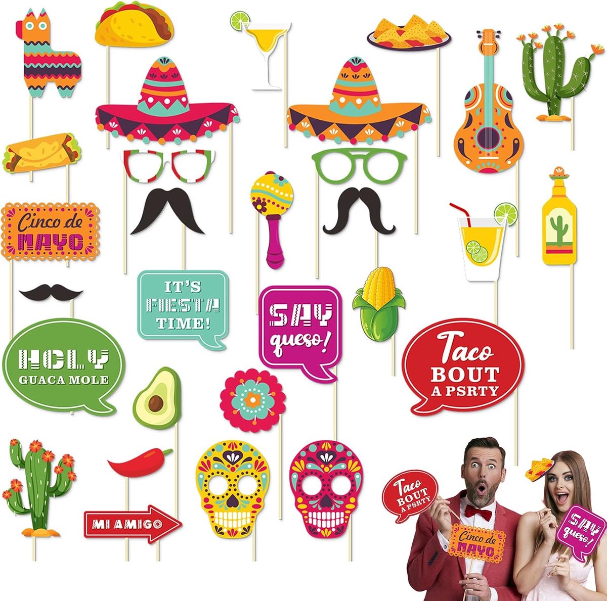 30-delige Mexico Fiesta Fotoproducten Set – Inclusief Mexicaanse Hoeden, Peper, Schedels, Cactus, Gitaar, Brillen en Meer – Perfect voor Feestjes, Foto’s en Decoratie