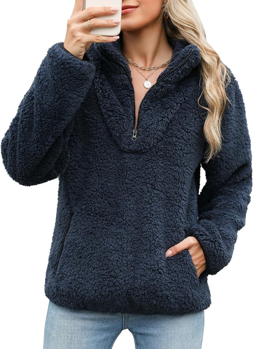 Trui voor dames, winter, fleece, sweatshirt, lange mouwen, warm, sweatshirt, elegant, casual, pullover, herfst, streetwear, met zak en 1/4 ritssluiting
