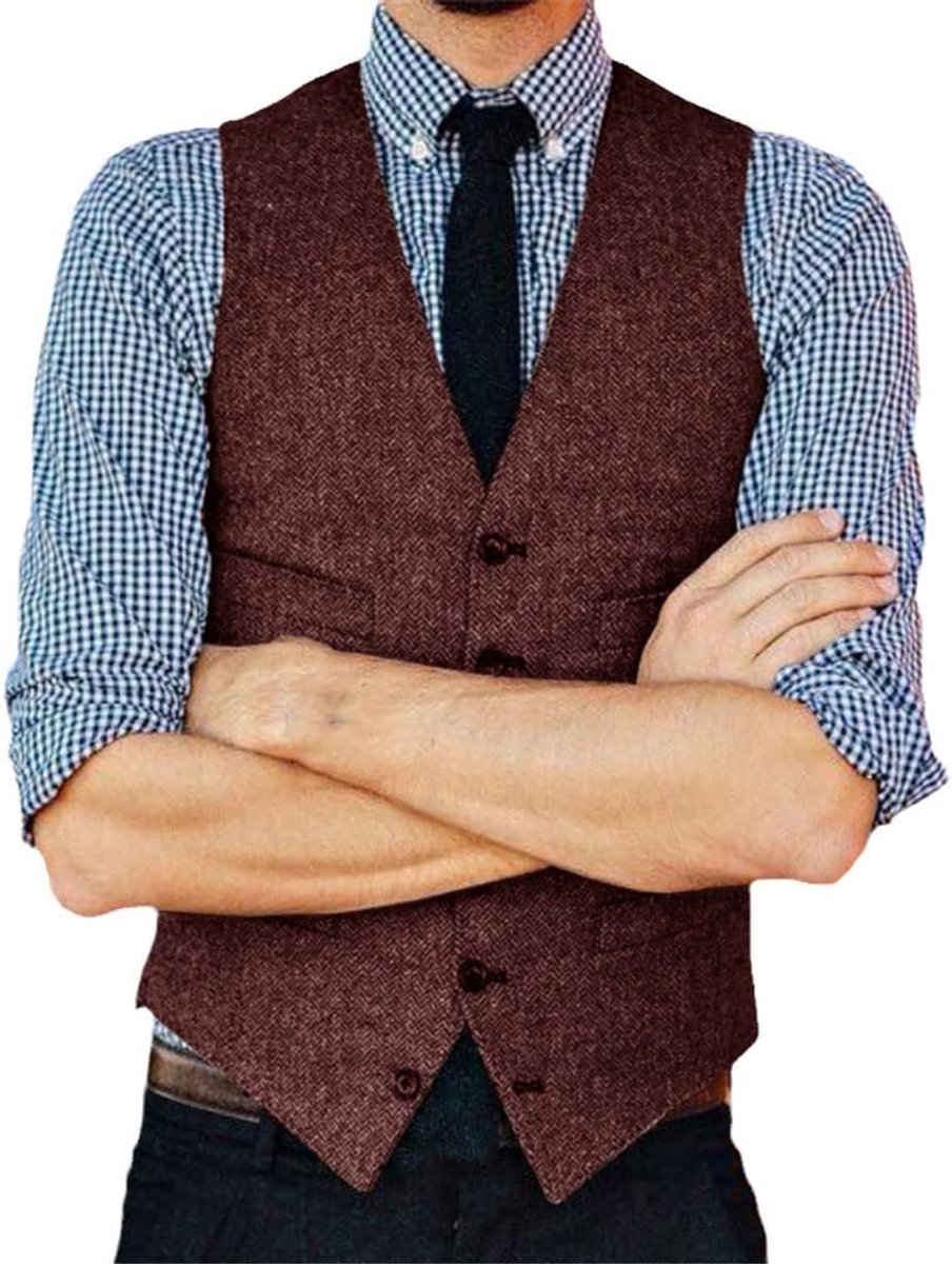 Heren pak vest bruiloft vest V-hals Vintage Steampunk gilet, Bordeaux, XL