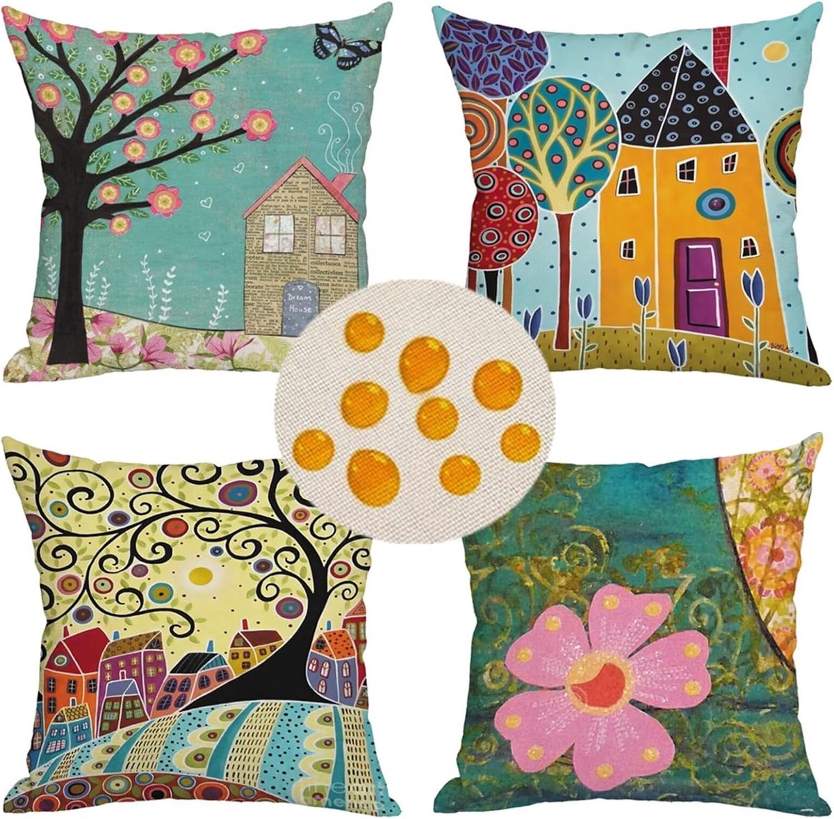 Outdoor Kussenhoezen 14x14 inch Set van 4 Waterbestendig Decoratieve Kussenslopen Linnen materiaal, Gedrukt Kussenslopen, voor tuinbank Slaapkamer, 35cm x 35cm Cartoon House