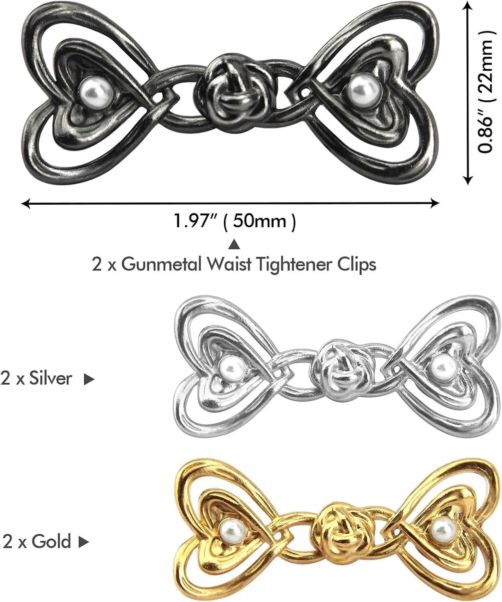6 stuks tailleverstevigingsclips, tailleversteviger, geen naai, verstelbare taillecincher-clip voor losse jeans, broeken, rok, tuinbroek, kleding, decoratieve riemclips (zilver, goud, gunmetal)