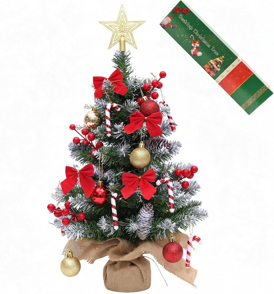 60 cm, kleine tafel, kerstboom versierd met dennenappels, kunstboom met bessen, kerstbal, kerstboompiek, ster decoratie voor decoratie, tafeldecoratie, etalage, kantoor