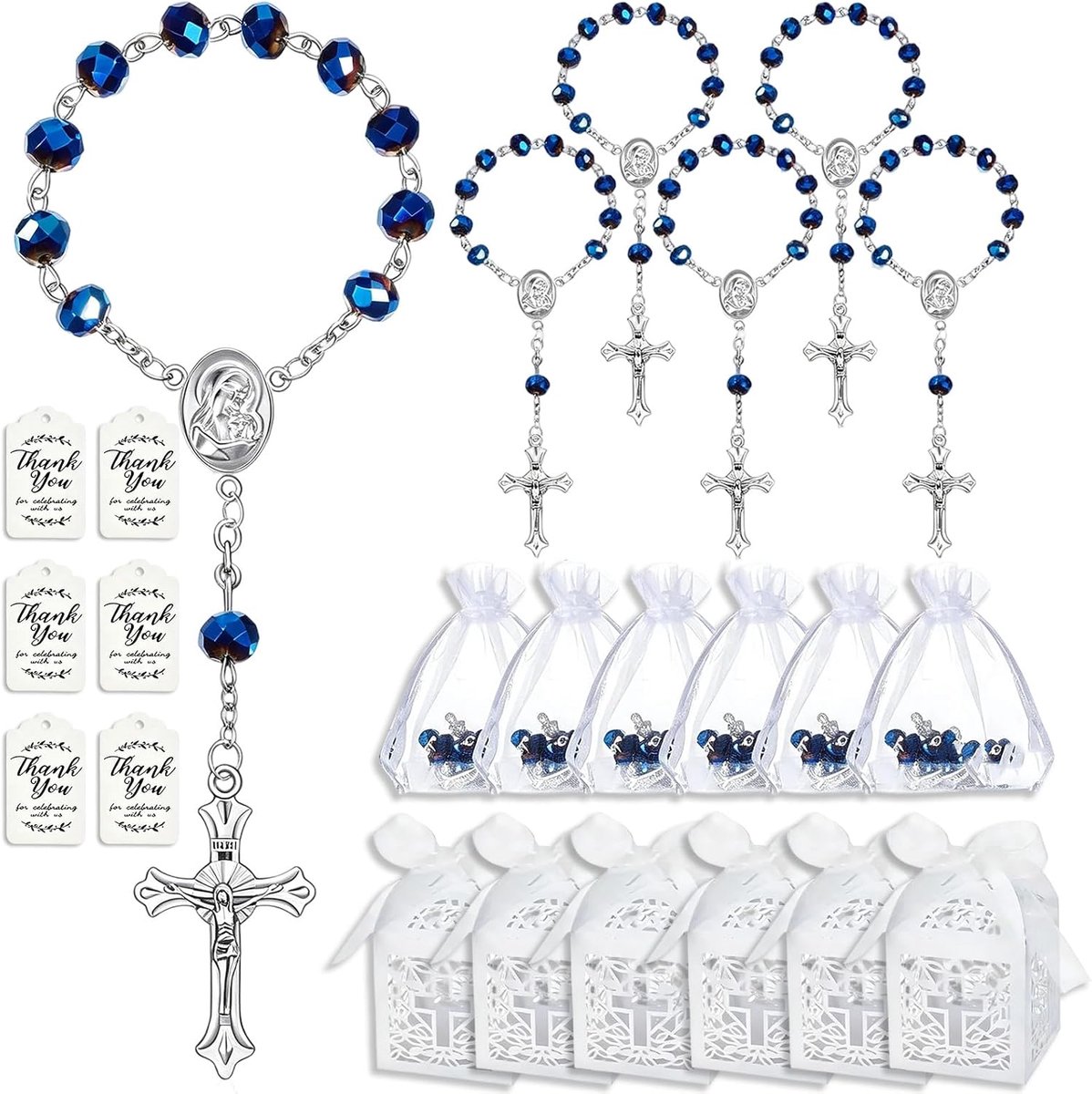 24 aandenken voor doop, inclusief 6 rozenkransen, 6 organzazakjes, 6 geschenkdozen en 6 kaarten, voor doop, communie, vormsel, babyshower en bruiloft