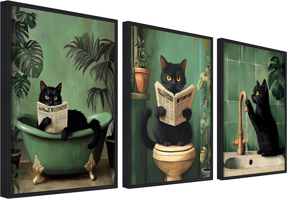 3 stuks grappige zwarte kat canvas fotoset met lijst wandposter katje kat tijdens het lezen van kranten op het toilet foto wandafbeeldingen badkamer zwarte lijst 40 x 60 cm x 3 (zonder acrylglas)