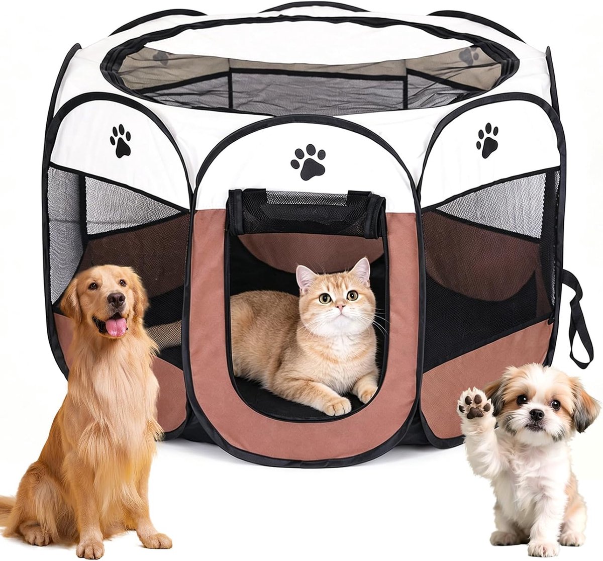 Opvouwbaar, voor thuis, puppybox, kattenhok voor binnen en buiten, hondenkooi, hondentent, vrijloophok, konijnenbox, kat, hond, katten, tent, hok voor kleine dieren (koffiebruin)