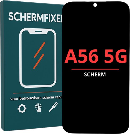 Doos met "SCHERMFIXEI" logo en "A56 5G SCHERM" tekst op zwart scherm.