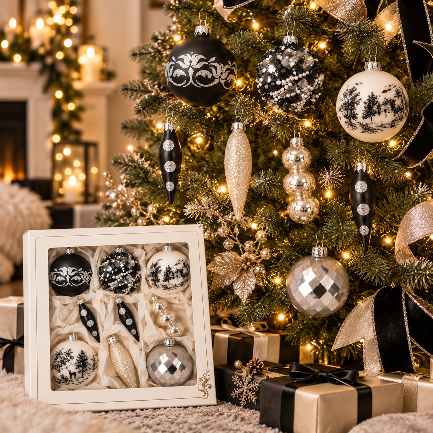ZoeZo Design - 9 stuks - kerstbal - zwart - wit - zilver