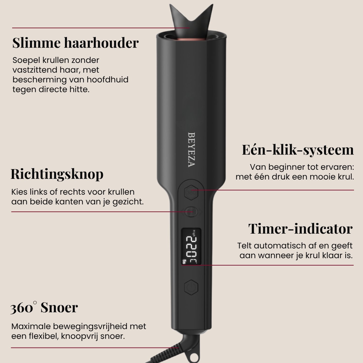 Beyeza Automatische Krultang 2.0 - Haarstyler - Roterende Krulborstel - Wafeltang - Incl. Haarkam, haarklem - Airstyler Haarkruller - Hair Curler - Snel en Veilig thumbnail 6