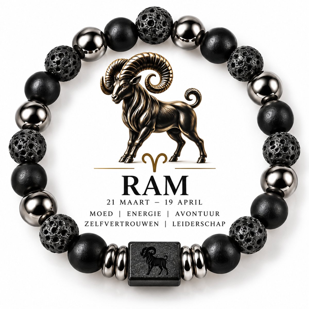 S4H® Ram Sterrenbeeld Armband – 18 cm – 8 mm Lavasteen, Zwarte Agaat & Hematiet – Aries Zodiac Edelstenen Armband – Dames & Heren