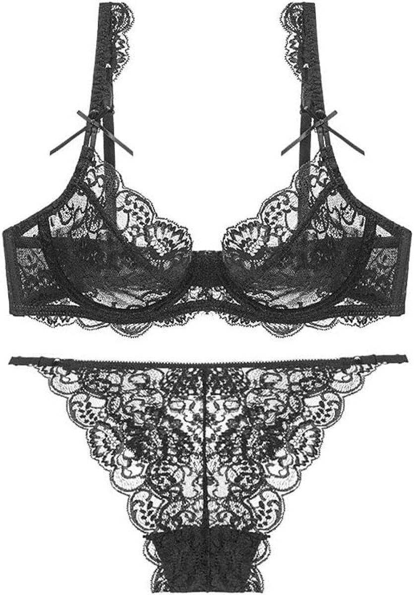 Sexy BH En Panty Set Transparante Dunne Kant Holle Brassiere, Black, 95D