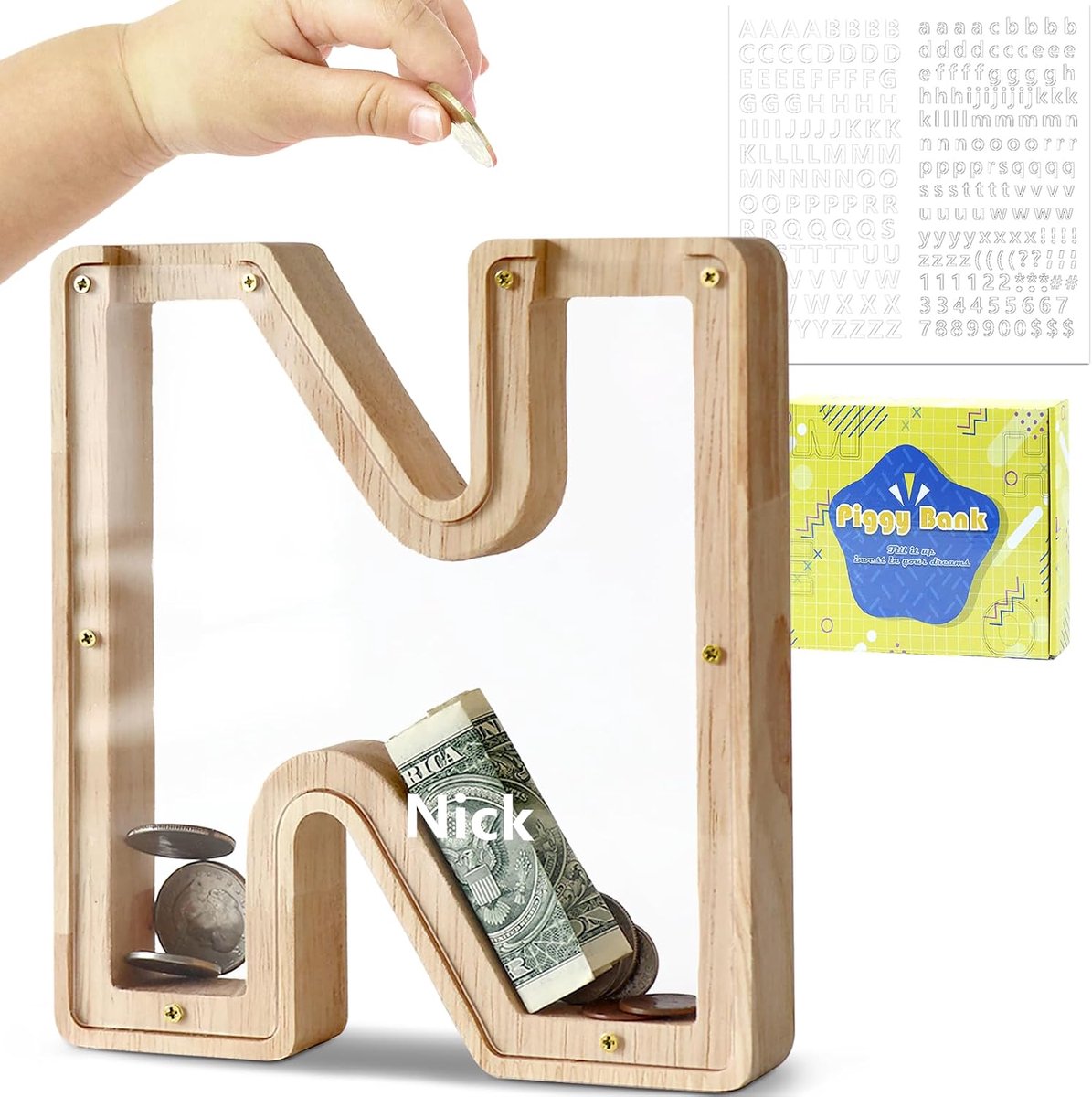 Spaarpot voor kinderen, spaarvarken voor kinderen, letterspaarpot, hout, gepersonaliseerde spaarpot voor verjaardag, woondecoratie, Keepsake (N)