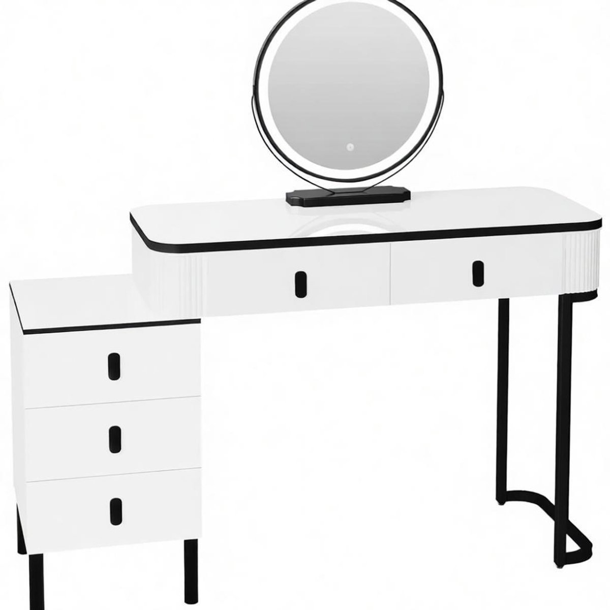 Kaptafel Met Dimbare LED Spiegel - Make Up Tafel Met Vijf Lades - Ronde Spiegel En Ruime Tafelplaat Voor Slaapkamer - Zwart Wit Metaal Glas